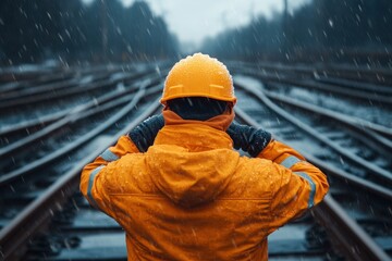 A lone construction worker stands on wet railway tracks under heavy rain, illustrating the challenges faced by laborers during harsh weather conditions in industrial settings.