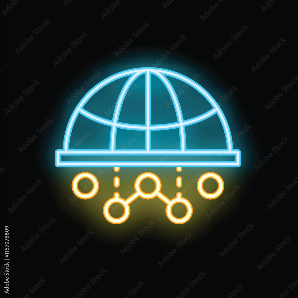 Poster glowing neon icon representing a global network with connected nodes, symbolizing worldwide communic