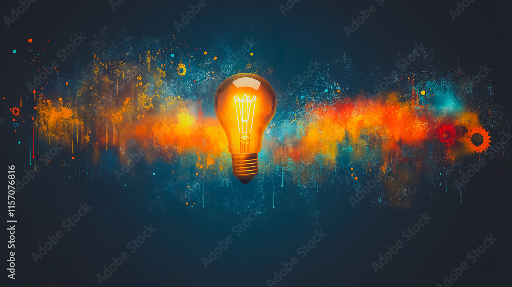 Poster a light bulb is lit up in a colorful background. the light bulb is the main focus of the image, and 
