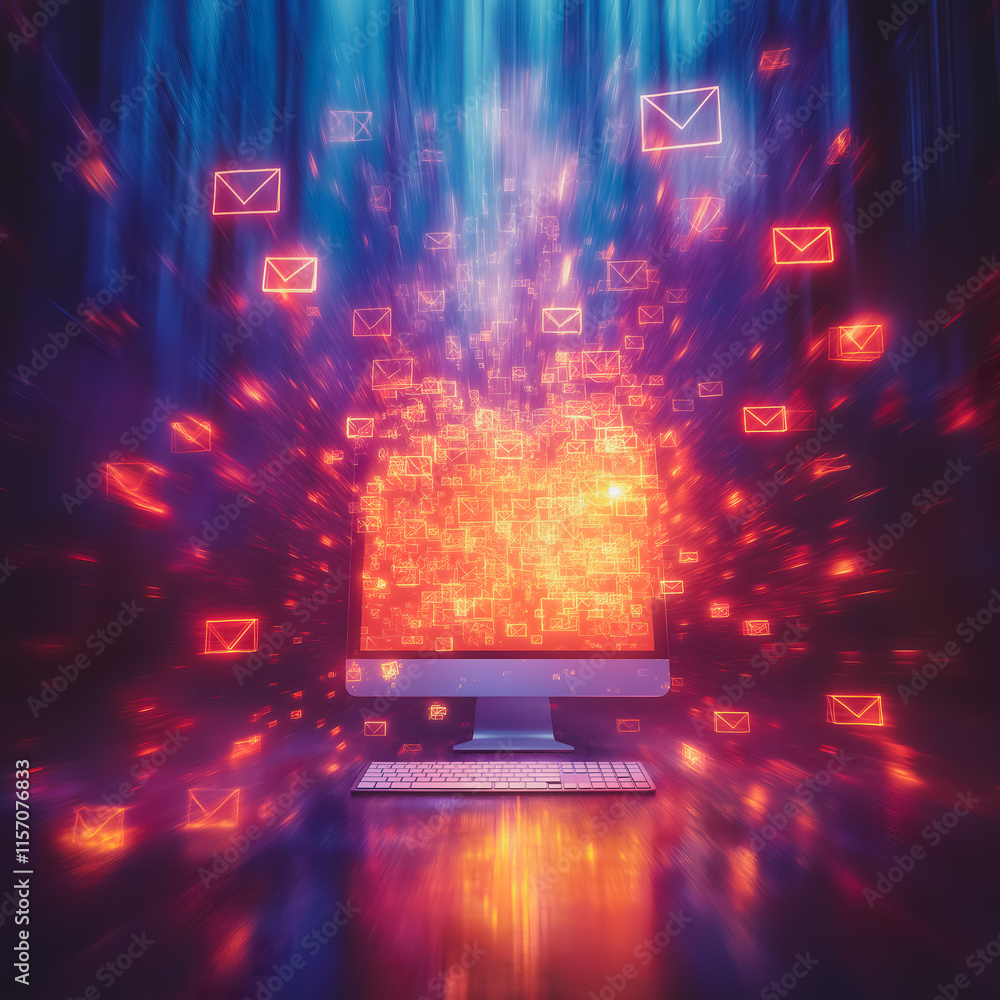Poster a computer monitor with a keyboard and a bunch of red and orange icons on it. concept of chaos and c