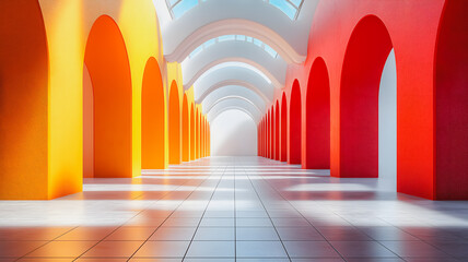 Fototapeta premium A long hallway with orange and red arches. The arches are of different colors, creating a vibrant and lively atmosphere. The hallway is empty, giving it a sense of openness and spaciousness
