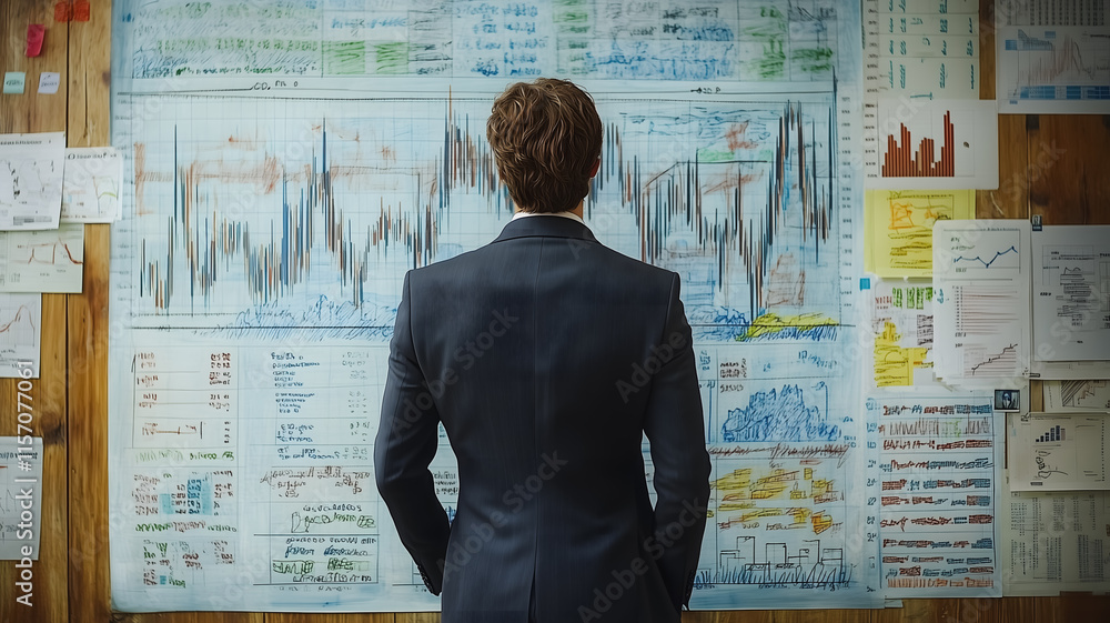 Poster a man in a suit is looking at a large board with many graphs and numbers. the board is filled with d
