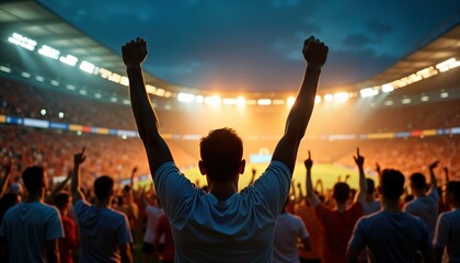 Excited soccer fans celebrate victory in packed stadium at night. Enthusiastic crowd roars with cheers. Supporters raise arms in joy. Triumphant team spirit fills arena. Vibrant atmosphere of