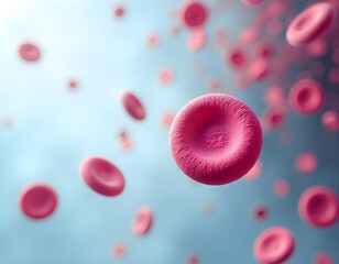 Red blood cells and white blood cells in a dynamic flow, showing a close-up view of their shapes...