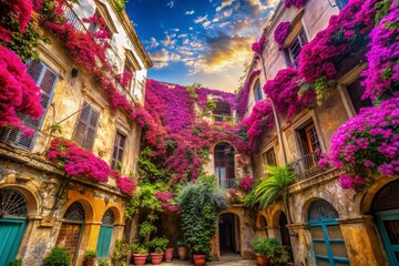Tirana, Albania: Double Exposure of Old & New Architecture, Overgrown Courtyard with Bougainvillea