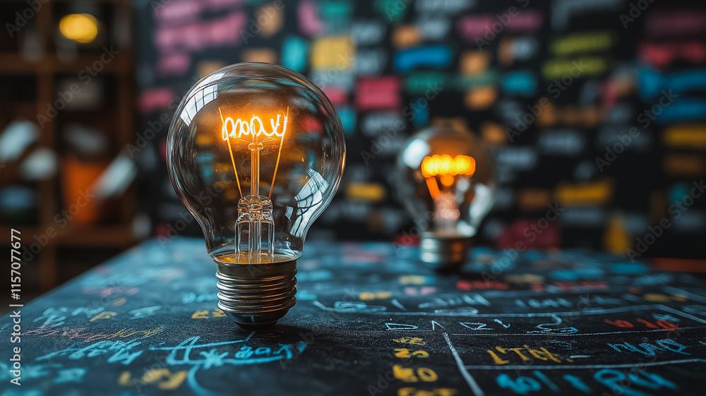 Poster a light bulb is lit up on a table with a chalkboard behind it. the light bulb is glowing brightly, i