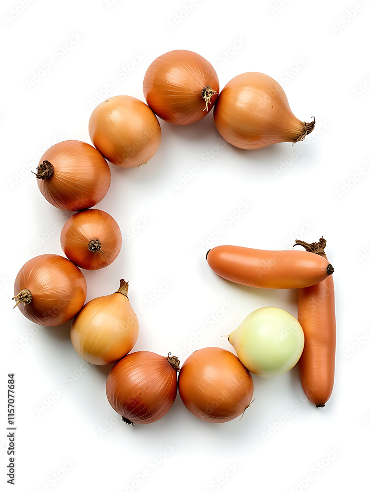 Poster onions and a bean are isolated on a white background, forming letters g and h that resemble vegetabl