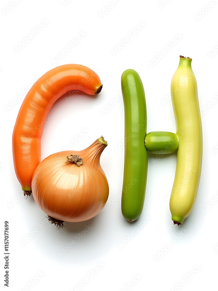 Poster onions and a bean are isolated on a white background, forming letters g and h that resemble vegetabl