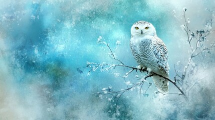 Majestic Snowy Owl Perched on Branch with Soft Colorful Background