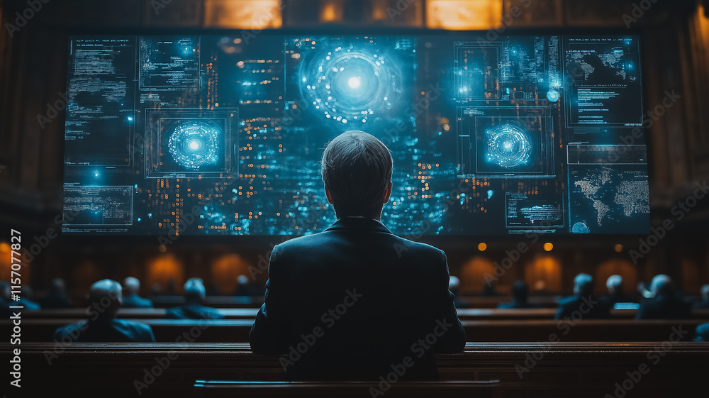 Poster a man is sitting in a theater watching a computer monitor. the monitor is filled with various screen