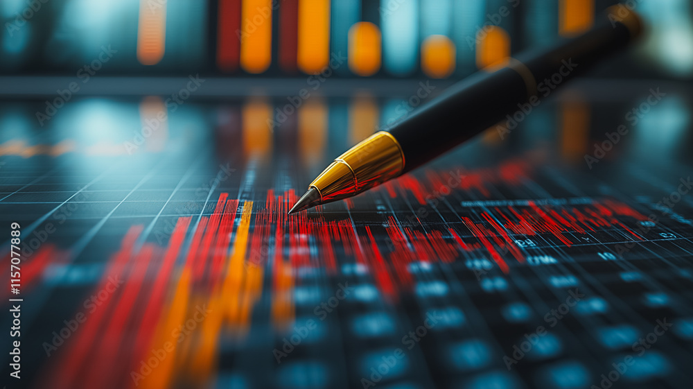 Poster a pen is laying on a graph with red and orange lines. the pen is pointing to the red line