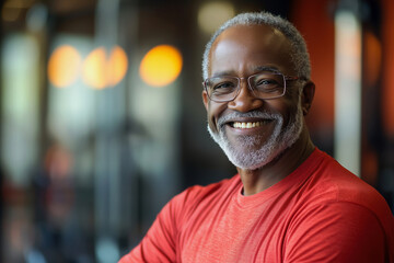 Obraz premium man with a big smile on his face is wearing a red shirt and glasses. He is posing for a picture in a gym