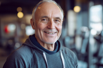 Fototapeta premium man with a beard and gray hair is smiling in a gym. He is wearing a black shirt and he is enjoying his time