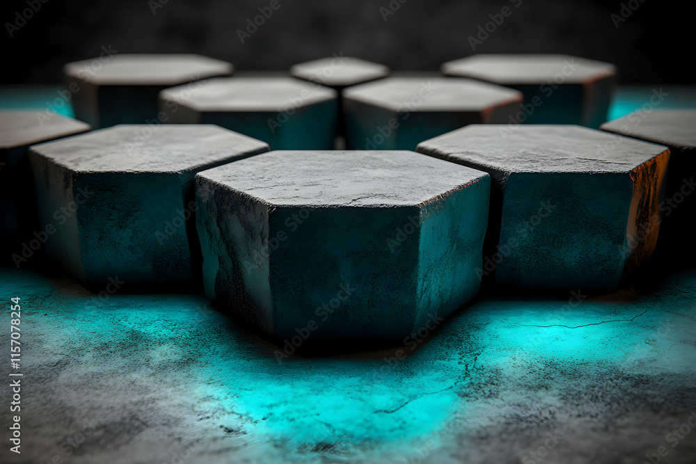 Poster abstract hexagonal stone blocks illuminated with teal light, creating a futuristic and mysterious mo