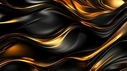 Obraz premium A modern black background featuring golden wavy lines flowing across the design, creating a sense of movement and luxury with reflective highlights