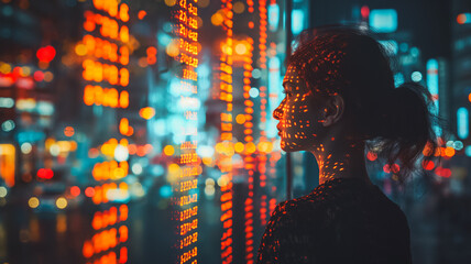 A woman is looking out a window at a cityscape with a lot of lights. The lights are bright and colorful, creating a sense of energy and excitement. The woman is lost in thought