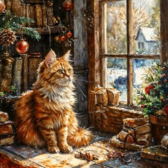 kittens are playing with a Christmas ball, sitting under confetti raining down from above next to a Christmas tree, against a background of shining lights