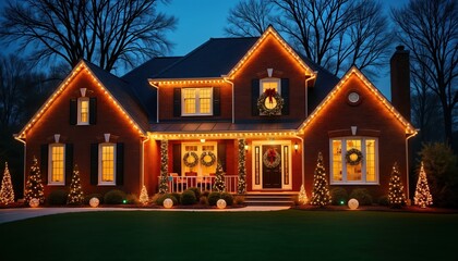 Brick house decorated for Christmas. Warm lights embellish exterior. Christmas wreaths adorn windows, front door. Small Christmas trees displayed on lawn around house. House looks cozy, welcoming.