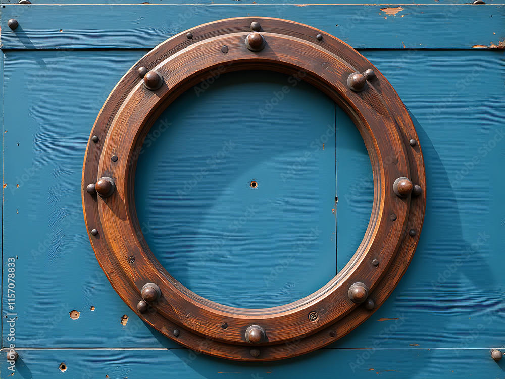 Poster old wooden porthole is closed, its empty frame surrounded by a worn blue background with visible kno