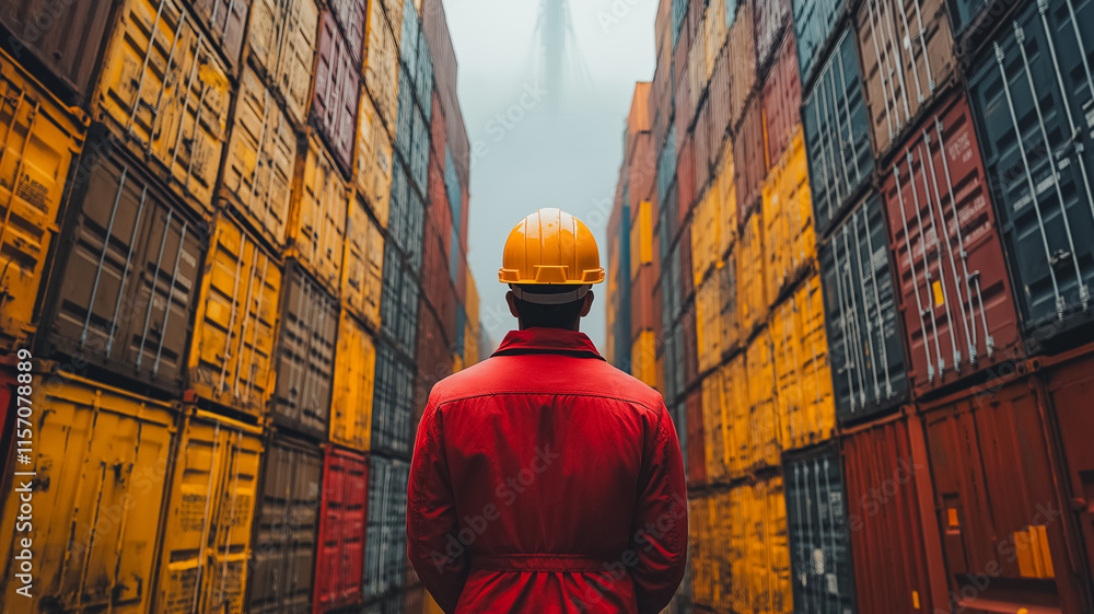 Poster a man in a red jacket stands in front of a row of yellow and red containers. he is wearing a yellow 