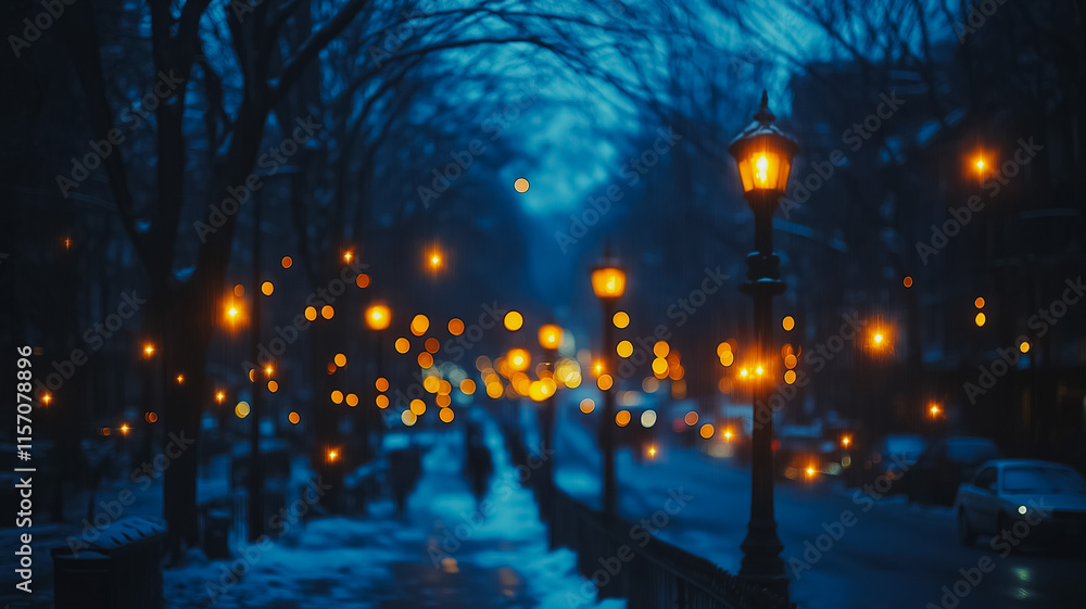 Poster a street scene with a lamp post lit up in the night. the street is empty and the lights are on, crea