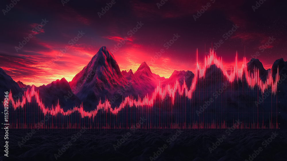Poster a mountain range with a red sky and a red line that is going up and down. the red line is a graph th