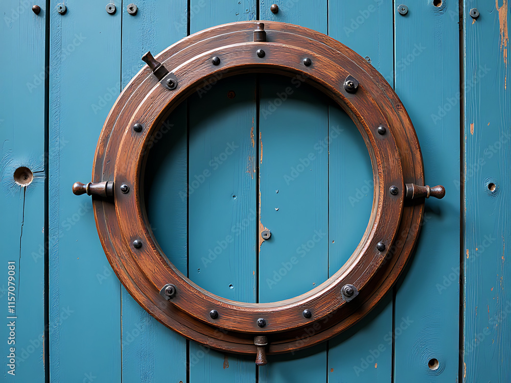 Poster old wooden porthole is closed, its empty frame surrounded by a worn blue background with visible kno