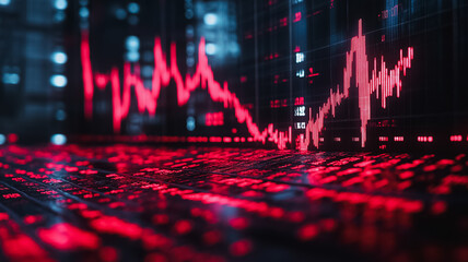 A computer screen shows a red line that is falling. Concept of financial loss or decline