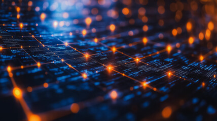 A computer screen with a blue background and orange dots. The dots are arranged in a grid pattern, and they appear to be glowing. Concept of technology and innovation