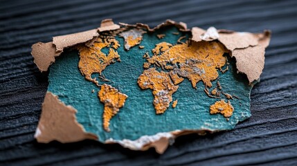 This image captures a unique representation of the world with an artistic flair, featuring a textured map design atop a rustic background, evoking themes of exploration.