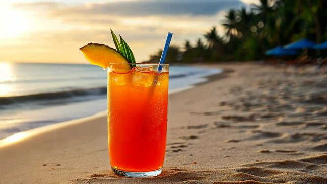 Sunset beach scene featuring a refreshing tropical drink on a sandy shore with palm trees in the background