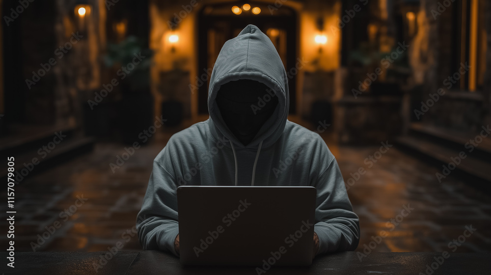 Poster a man in a hoodie is sitting at a table with a laptop. he is wearing a mask and he is working on som