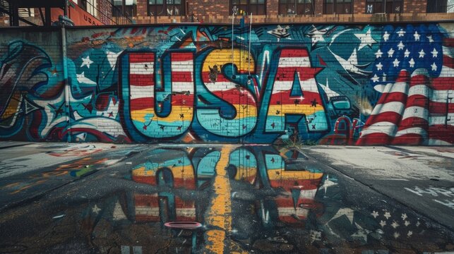 Fototapeta A wall with the word USA painted on it. The wall is covered in graffiti. The wall is reflecting the street below it