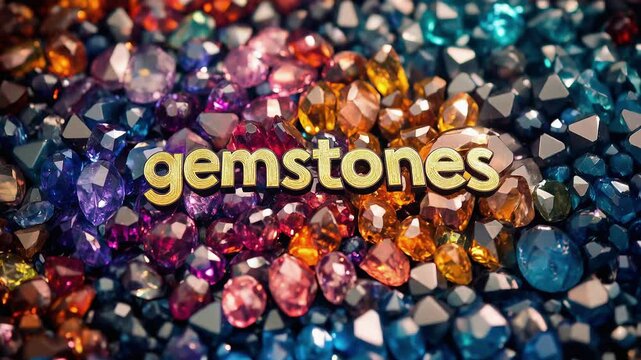 Golden Gemstones word on a vibrant array of colorful sparkling rotating precious gems and crystals.