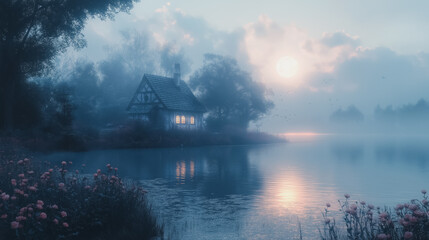 Fototapeta premium A small house is on the edge of a lake, with a cloudy sky in the background. The house is surrounded by a field of flowers, and the water is calm and still. The scene is peaceful and serene