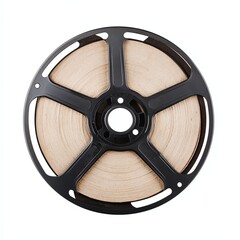 Obraz premium A vintage film reel showcasing a classic design with a black exterior and light-colored film, representing the nostalgia of old cinema.