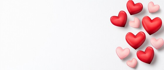 Happy valentine celebration. Colorful hearts scattered on a white background, conveying love and affection.