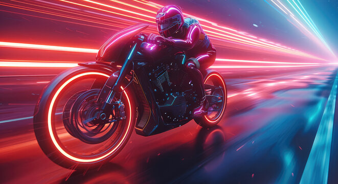 A futuristic neon-styled delivery bicycle illustration moving at high speed.