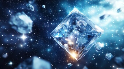 Obraz premium Glowing ice cube in space, cosmic ice.