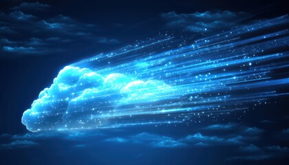 Hyperdetailed servers with light trails forming cloud patterns, cloud computing, data transfer representation