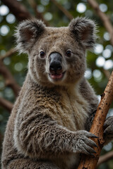 Naklejka premium Expressive portrait koala. Animal. Close-up captures character and personality. Ideal for nature lovers, pets and wildlife