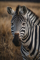 Fototapeta premium Expressive portrait zebra. Animal. Close-up captures character and personality. Ideal for nature lovers, pets and wildlife