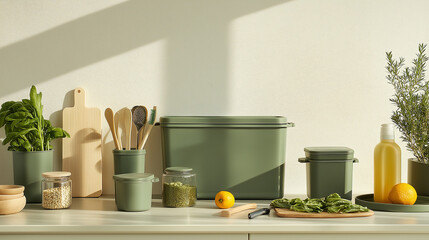 Eco-Friendly Modern Kitchen with Sustainable Cookware, Natural Food Containers, and Green Cleaning Products for a Green Lifestyle Campaign