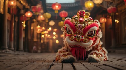 Fototapeta premium Traditional Chinese Lion Dance Costume in Vibrant Lantern Festival