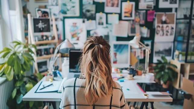 A lifestyle influencer brainstorming content ideas for her Instagram feed, sitting at a cozy desk surrounded by design tools and social media icons. 