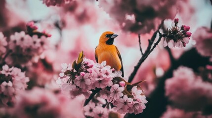 Obraz premium Vibrant Yellow Bird Perched on Cherry Blossom Branch in Spring