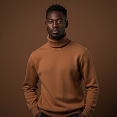 Fototapeta premium Man in brown turtleneck sweater wearing glasses against neutral backdrop