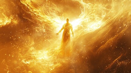Naklejka premium Fiery angel figure with outstretched arms amidst cosmic flames.