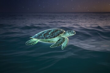 Fototapeta premium A sea turtle gracefully swims under a starry night sky, its ethereal glow illuminating the dark ocean waters.