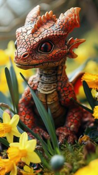 Little Red Welsh dragon in yellow daffodil flowers, Saint David's Day Holiday celebration in Wales, United Kingdom. Vertical footage.